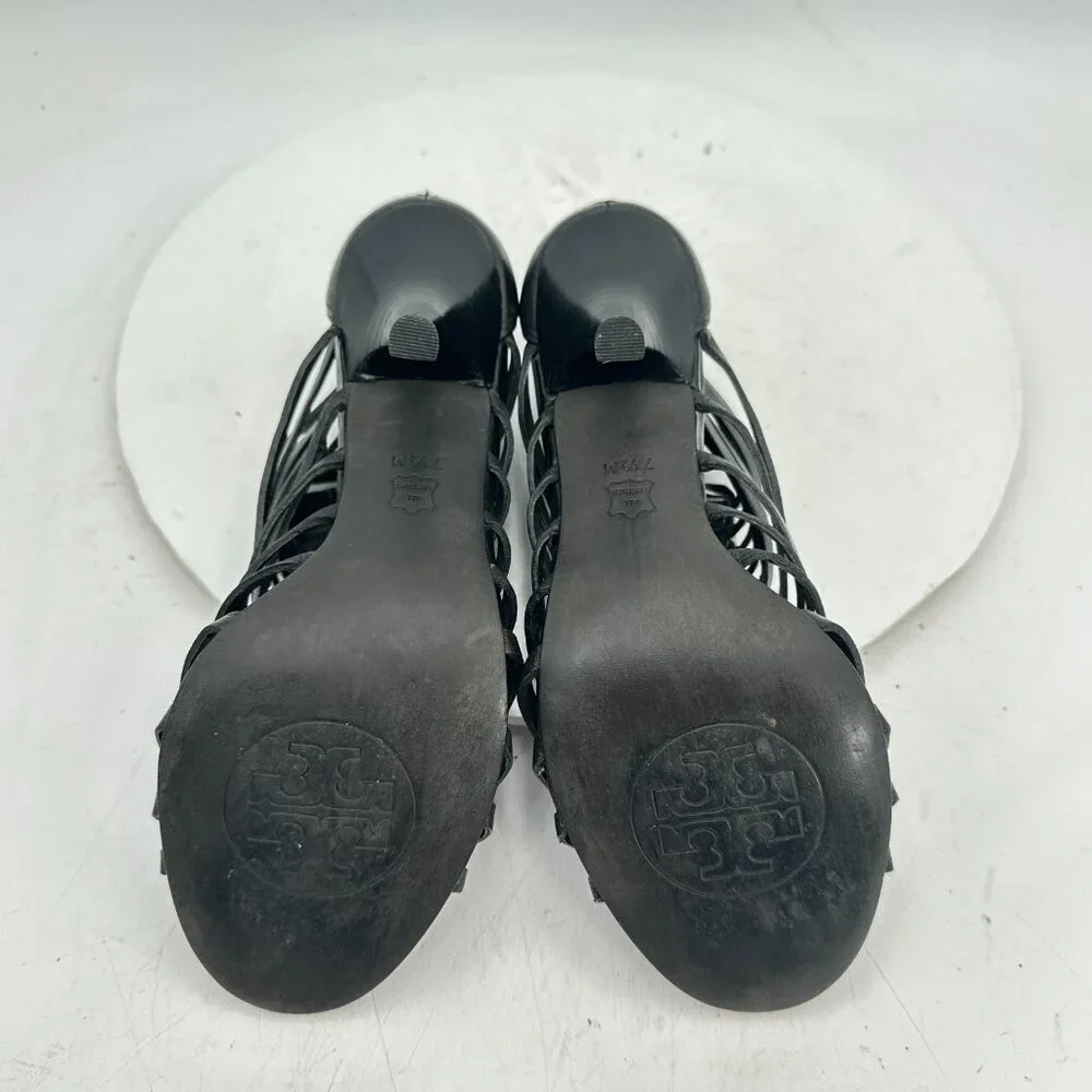 Tory Burch Women Size 7.5M Black Leather Strappy Black Heels Stiletto Shoes